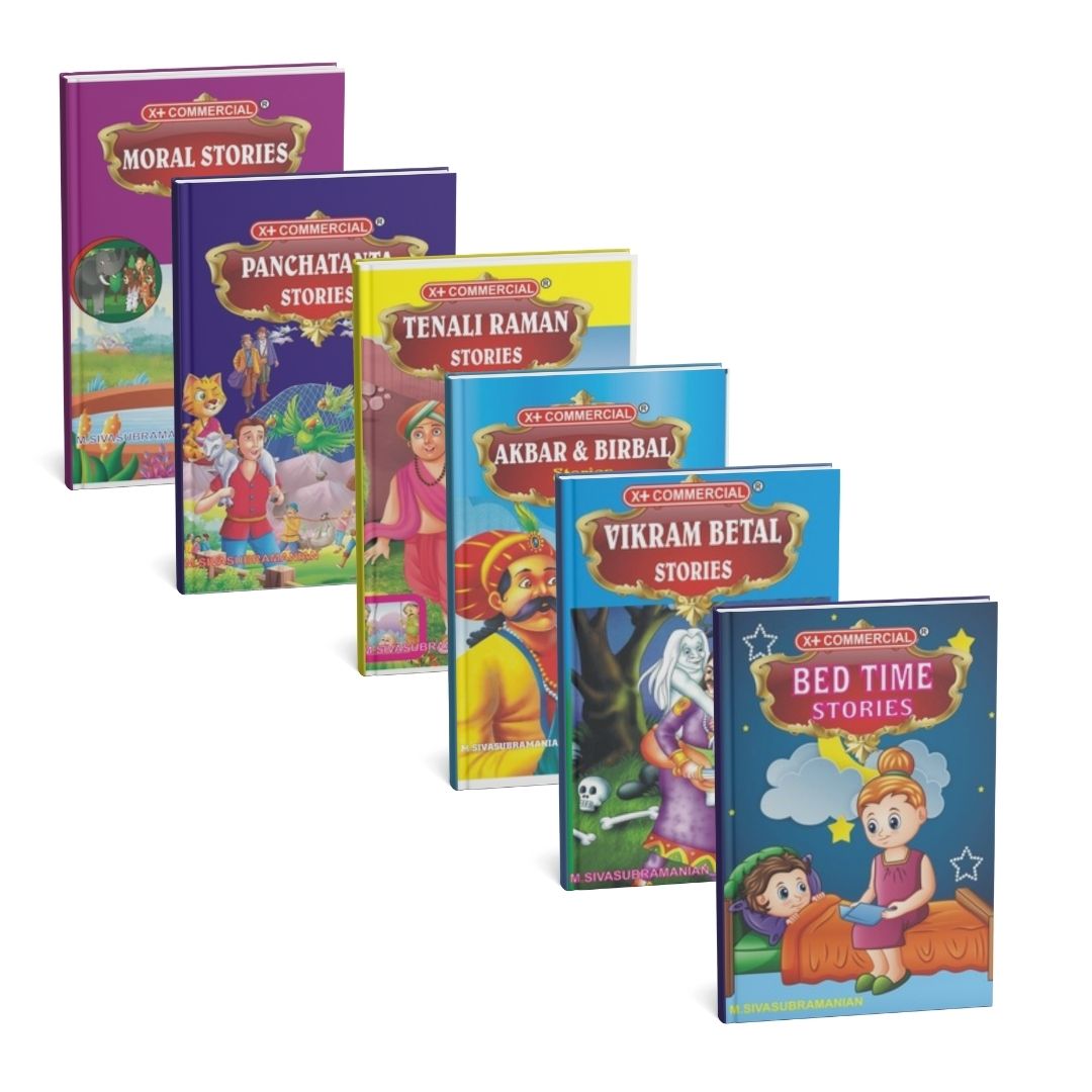 a set of six childrens books -story books for kids in english. tenali raman, moral stories,panchatantra, akbar birbal, vikram betal, bed time stories, outer cover shown in picture