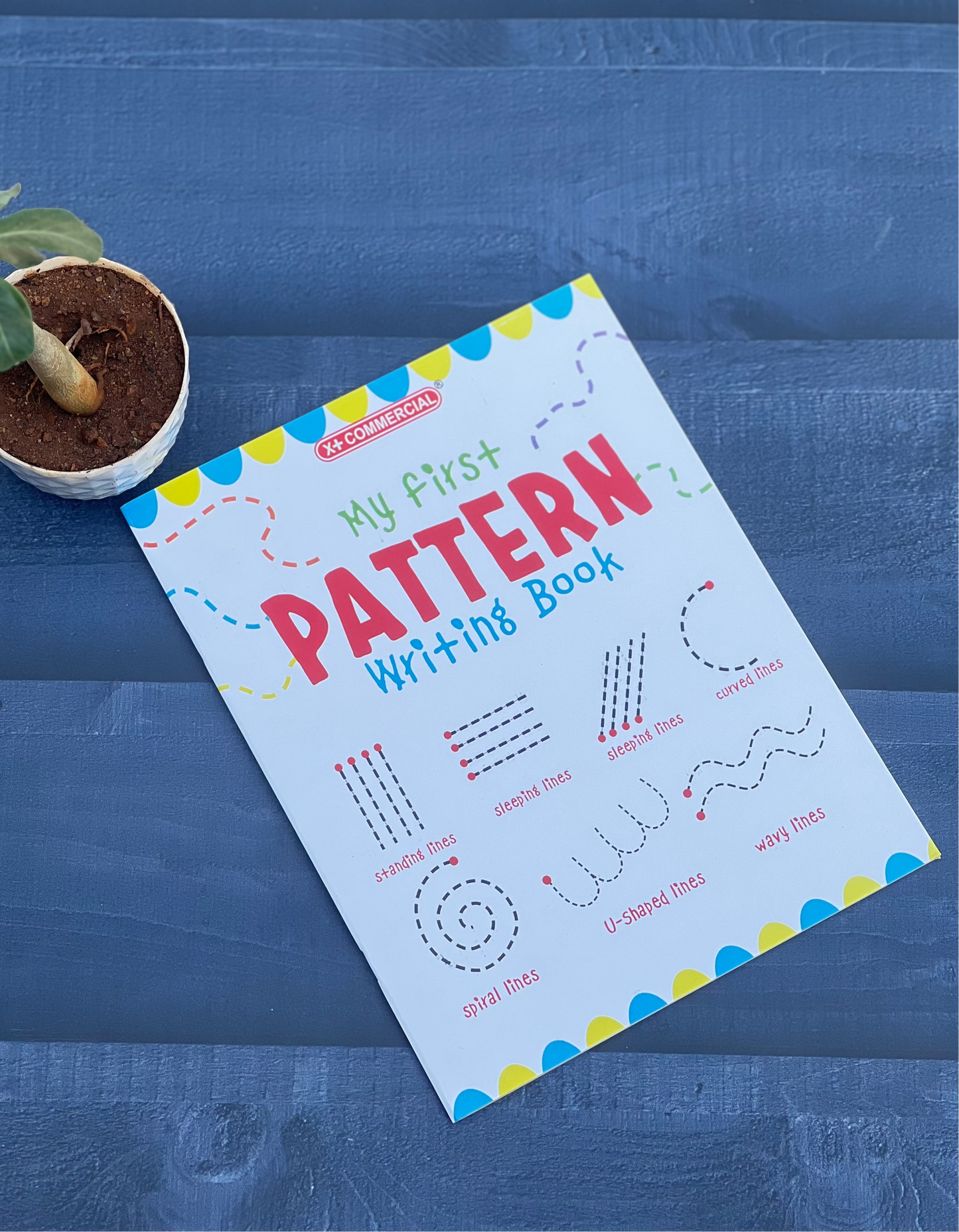 Children's book titled 'My First Pattern Writing Book' on a blue surface with a small plant.