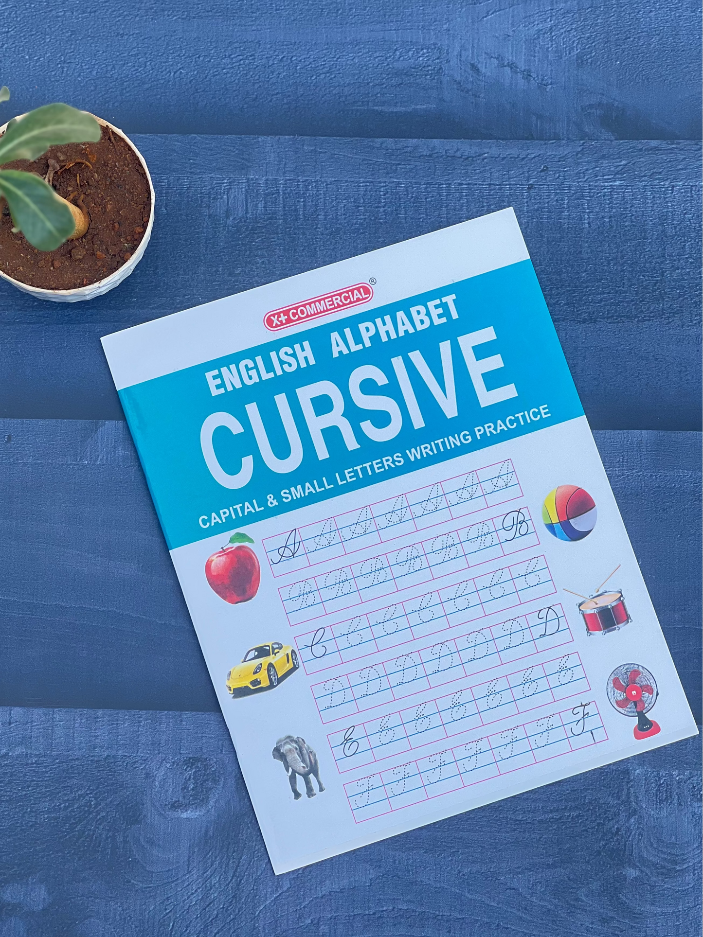Book titled 'English Alphabet Cursive' on a blue surface with a plant in the corner.
