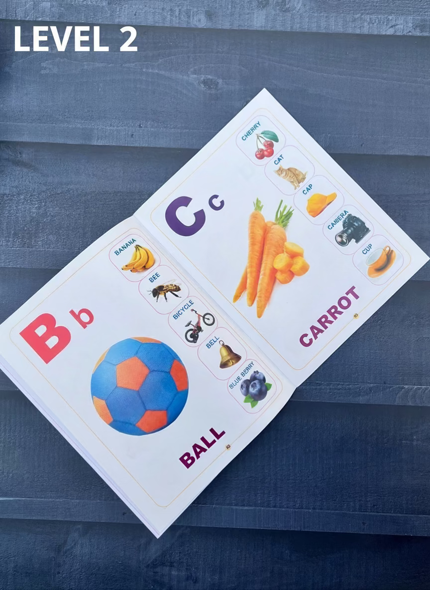Educational card with letters B and C, and images of a ball and carrot on a dark surface.